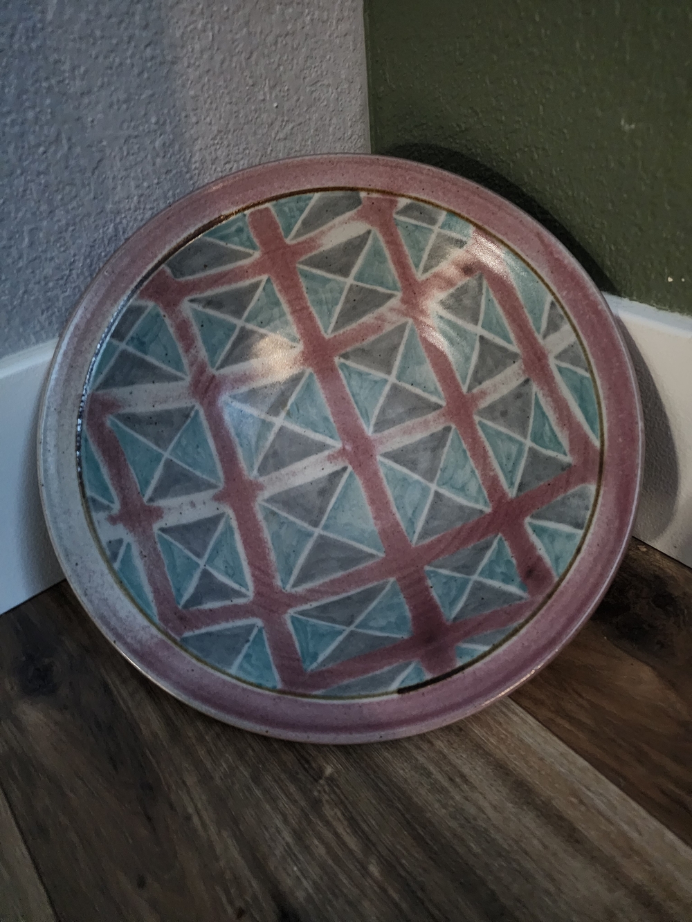 Handcrafted Ceramic Decorative Plate in Teal and Rose